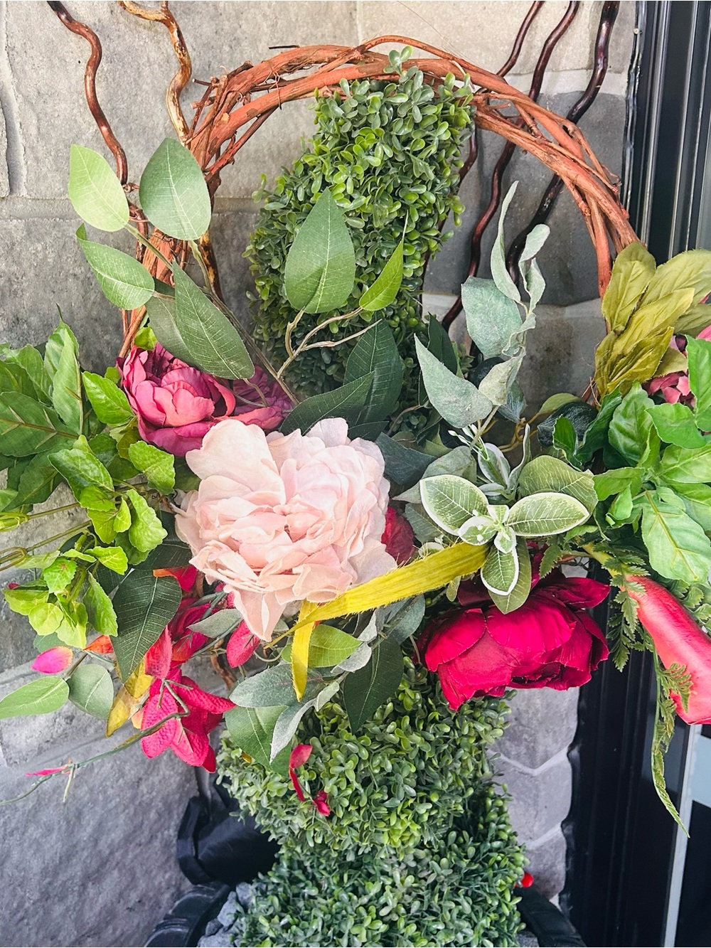 Artificial Floral Grapevine Wreath with Burgundy and Pink Flowers